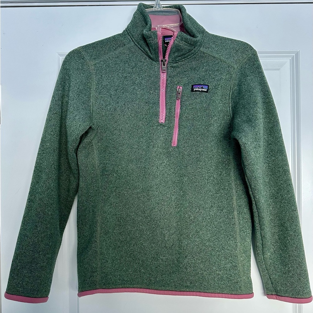 Patagonia Girls Green 1/4 zip Better Sweater with Pink Accents Size 12
